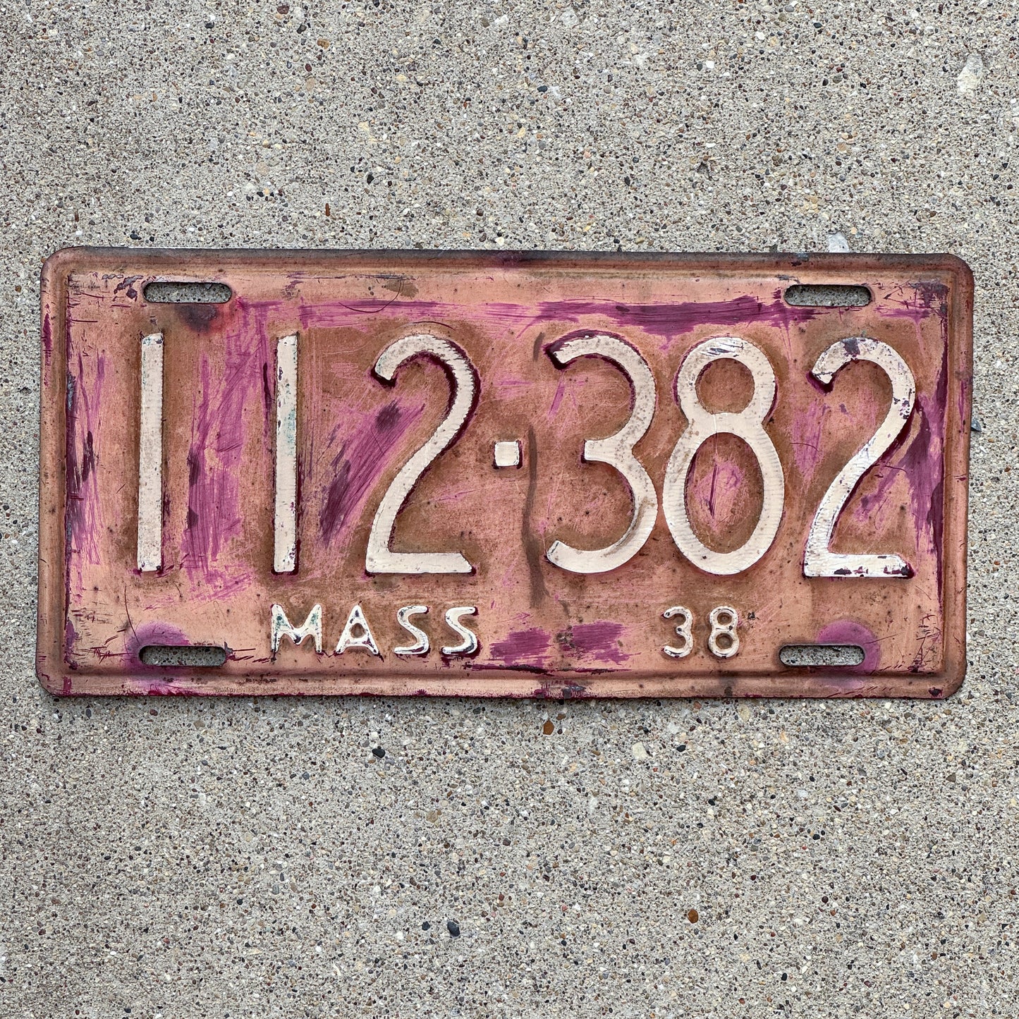 Photo of a 1938 Massachusetts License Plate Auto Tag Garage Decor Vintage 112 382 with original patina