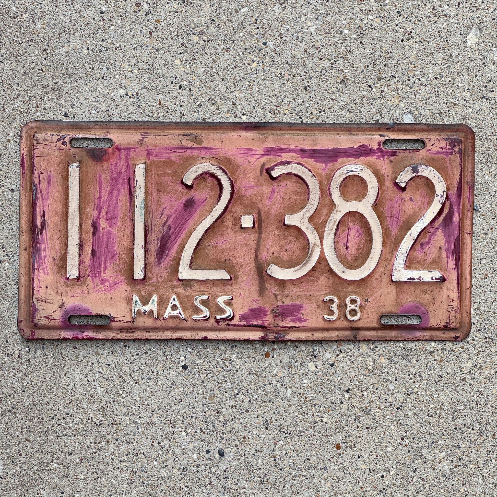 Photo of a 1938 Massachusetts License Plate Auto Tag Garage Decor Vintage 112 382 with original patina