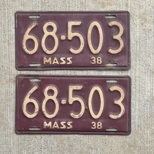 Photo of a 1938 Massachusetts License Plate Pair Auto Tag Garage Decor Vintage 68 503 with original patina
