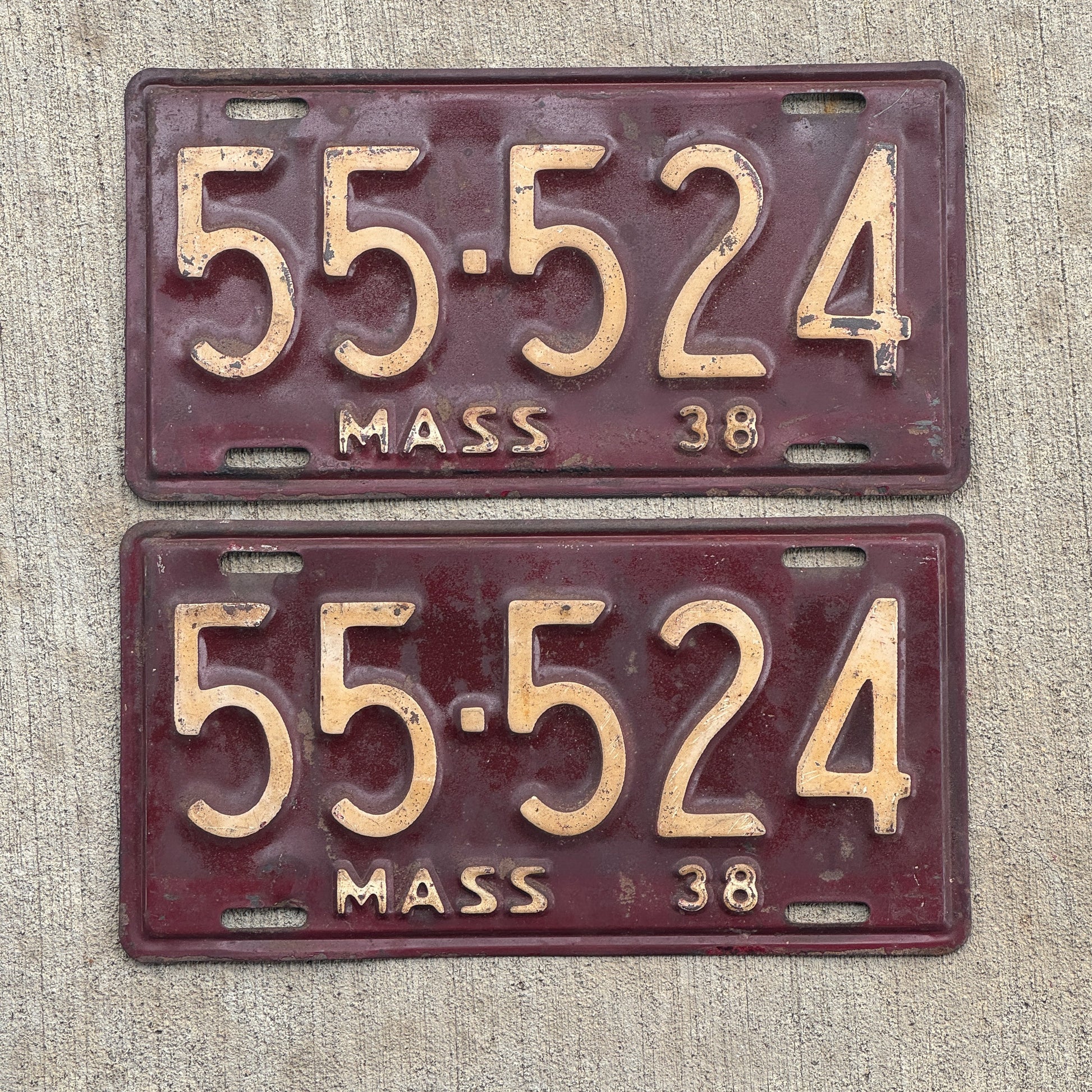 Photo of a 1938 Massachusetts License Plate Pair Auto Tag Garage Decor Vintage Repeat Repeating 55 524 with original patina