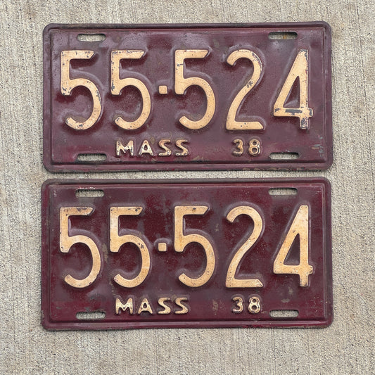 Photo of a 1938 Massachusetts License Plate Pair Auto Tag Garage Decor Vintage Repeat Repeating 55 524 with original patina