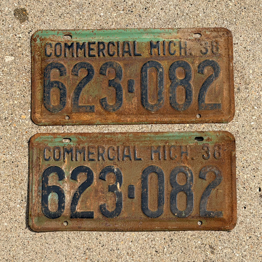 Photo of a 1938 Michigan Commercial License Plate Pair Auto Tag Garage Decor Vintage 623 082 with original patina