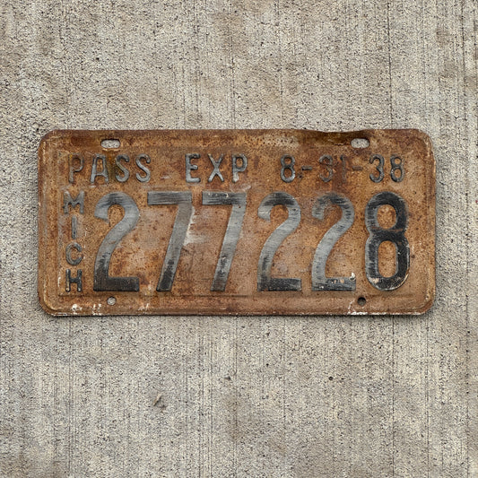 Photo of a 1938 Michigan Half Year Passenger License Plate Auto Tag Garage Decor Vintage 277228 with original patina
