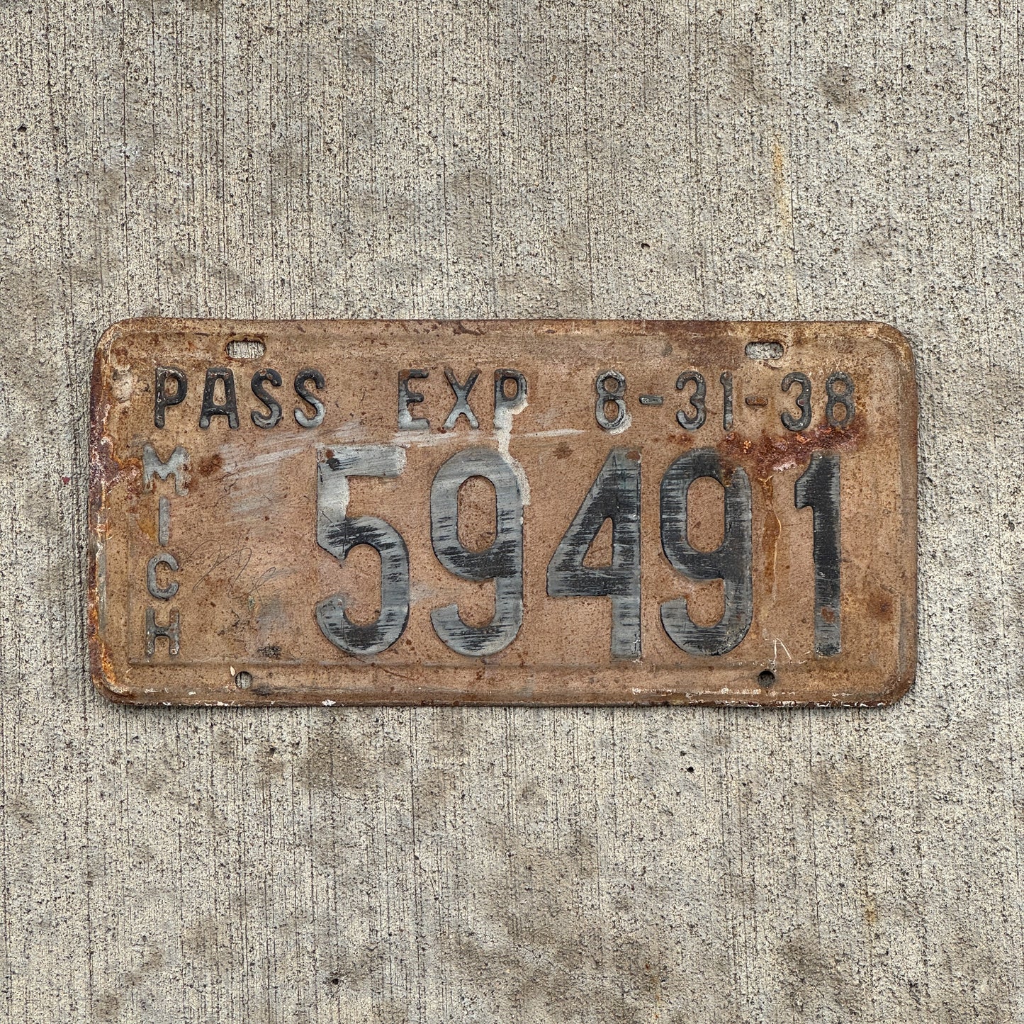 Photo of a 1938 Michigan Half Year Passenger License Plate Auto Tag Garage Decor Vintage 59491 with original patina