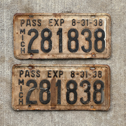 Photo of a 1938 Michigan Half Year Passenger License Plate Pair Auto Tag Garage Decor Vintage 281838 with original patina