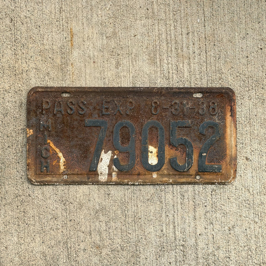 Photo of a 1938 Michigan License Plate Auto Tag 1 Vintage Garage Half Year 79052 with original patina