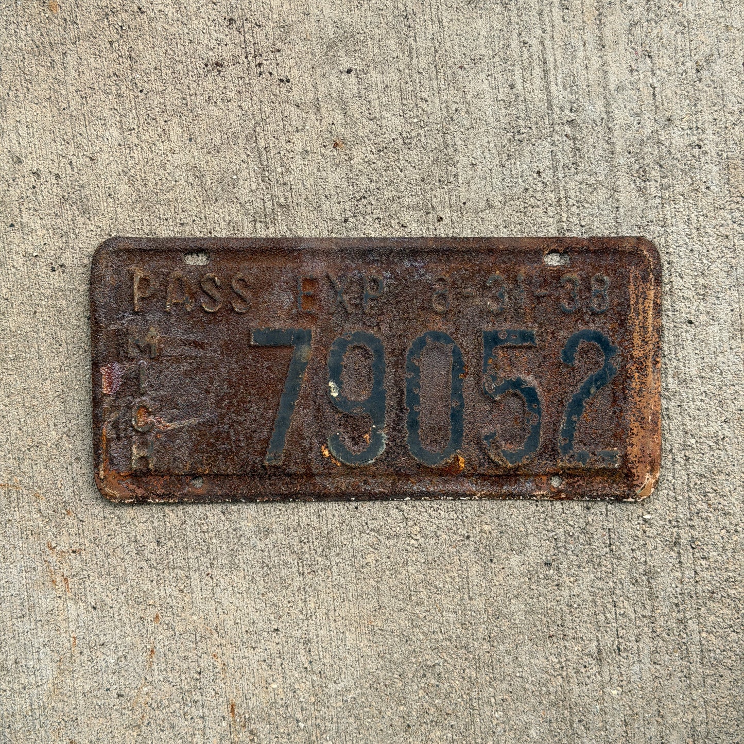 Photo of a 1938 Michigan License Plate Auto Tag 2 Vintage Garage Half Year 79052 with original patina