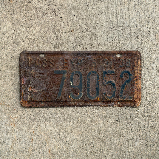 Photo of a 1938 Michigan License Plate Auto Tag 2 Vintage Garage Half Year 79052 with original patina