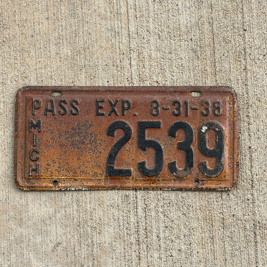 Photo of a 1938 Michigan License Plate Auto Tag Garage Decor Vintage Half Year 2539 with original patina