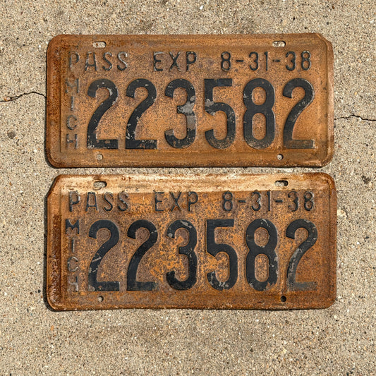 Photo of a 1938 Michigan License Plate Pair Auto Tag Garage Decor Vintage Half Year 223 582 with original patina