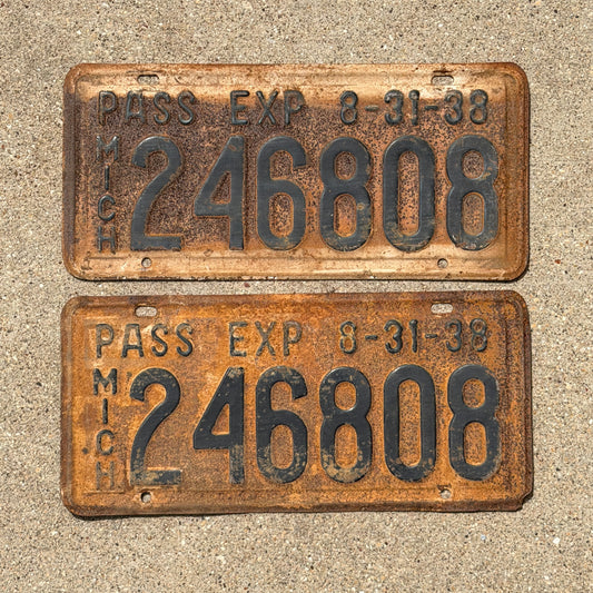 Photo of a 1938 Michigan License Plate Pair Auto Tag Garage Decor Vintage Half Year 246 808 with original patina