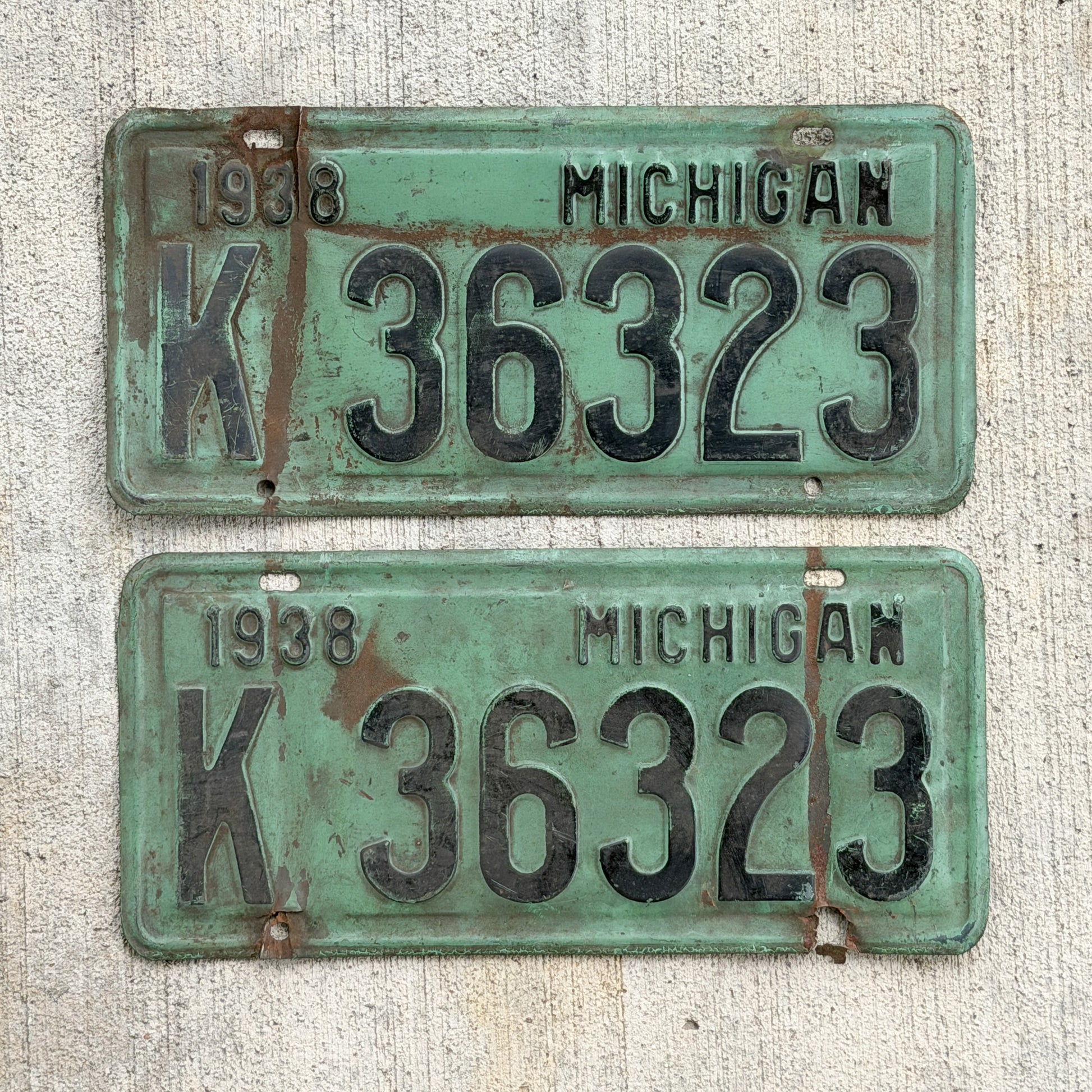 Photo of a 1938 Michigan License Plate Pair Auto Tag Garage Decor Vintage K 36323 with original patina