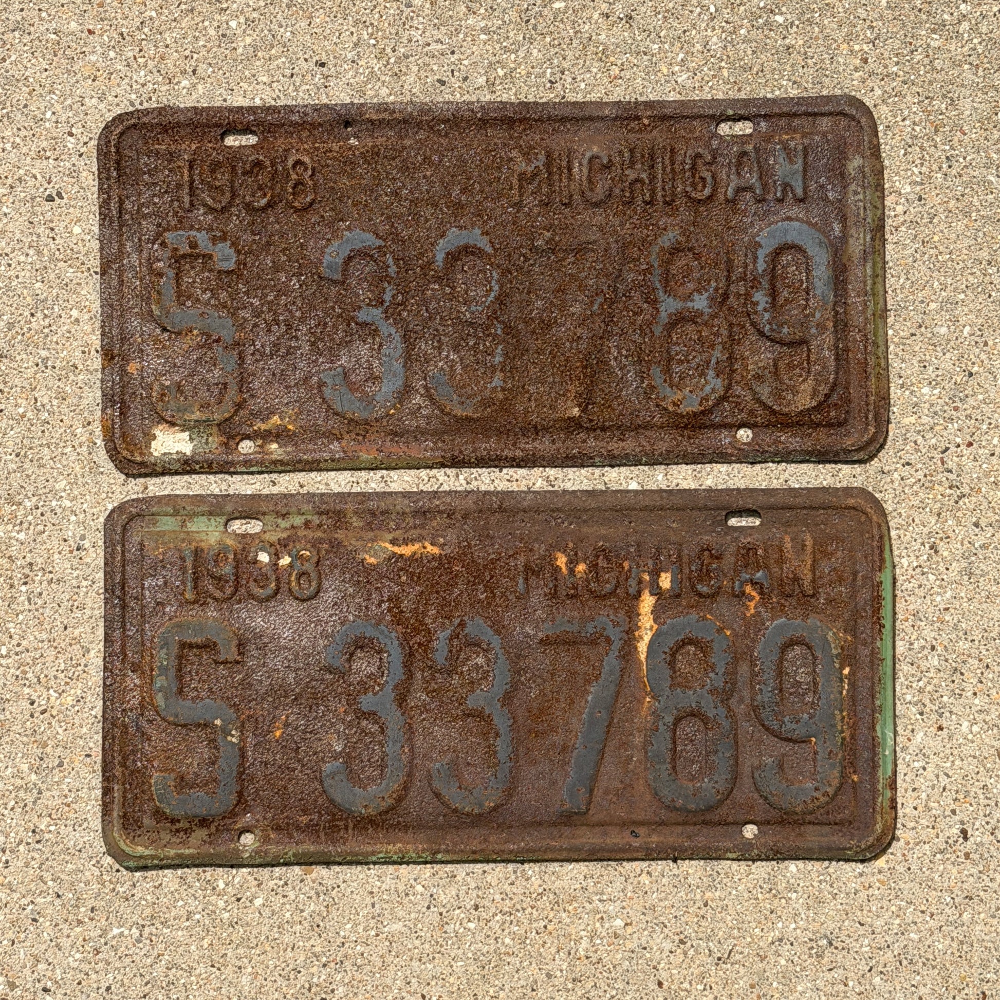 Photo of a 1938 Michigan License Plate Pair Auto Tag Garage Decor Vintage S 33789 with original patina