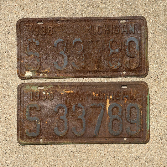 Photo of a 1938 Michigan License Plate Pair Auto Tag Garage Decor Vintage S 33789 with original patina
