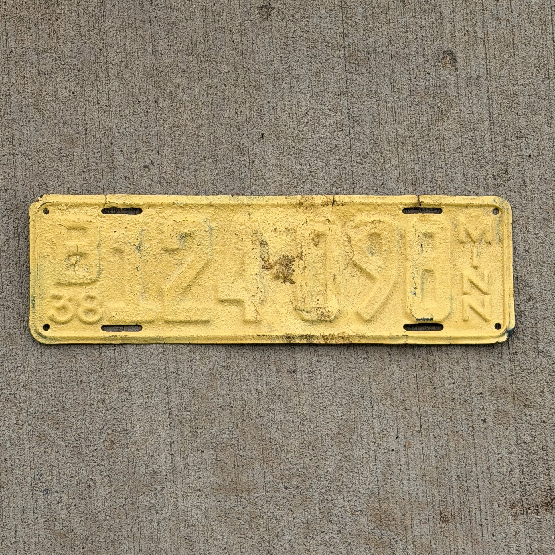 Photo of a 1938 Minnesota License Plate Auto Tag Garage Decor Vintage B 124 098 with original patina