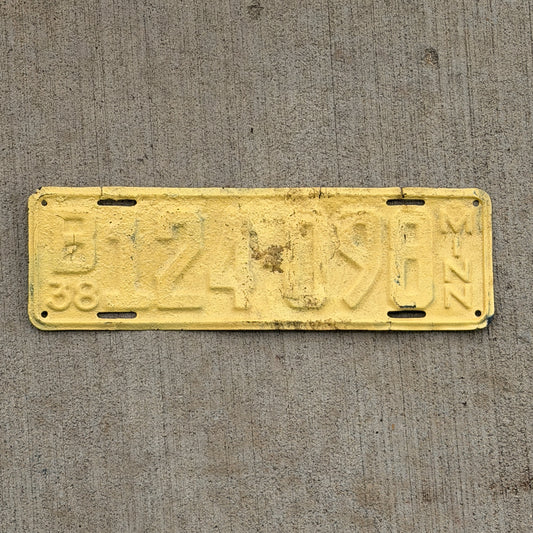 Photo of a 1938 Minnesota License Plate Auto Tag Garage Decor Vintage B 124 098 with original patina