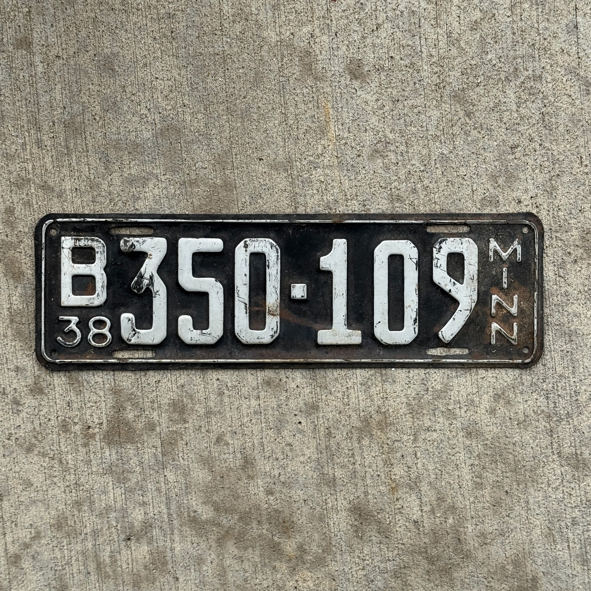 Photo of a 1938 Minnesota License Plate Auto Tag Garage Decor Vintage B 350 109 with original patina