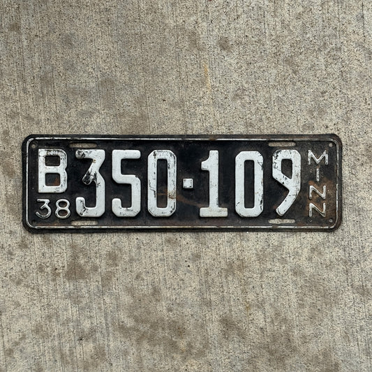 Photo of a 1938 Minnesota License Plate Auto Tag Garage Decor Vintage B 350 109 with original patina