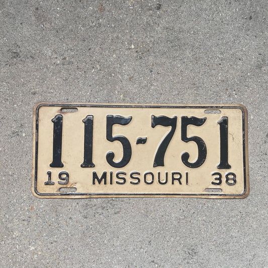Photo of a 1938 Missouri License Plate Auto Tag Garage Decor Vintage 115 751 with original patina