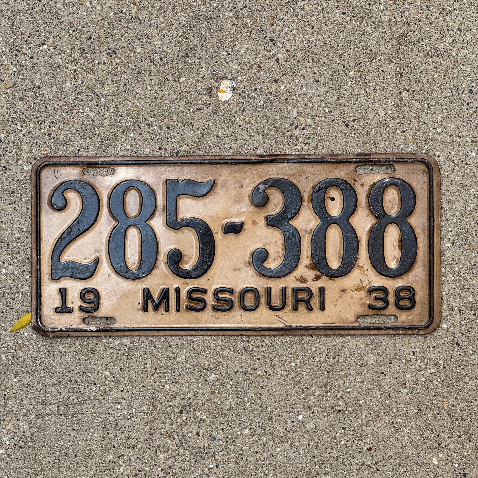 Photo of a 1938 Missouri License Plate Auto Tag Garage Decor Vintage 285 388 with original patina