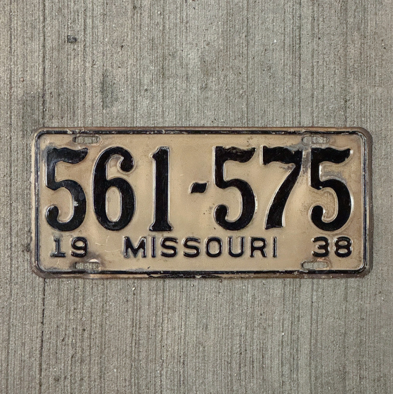 Photo of a 1938 Missouri License Plate Auto Tag Garage Decor Vintage Single Plate Year 561 575 with original patina