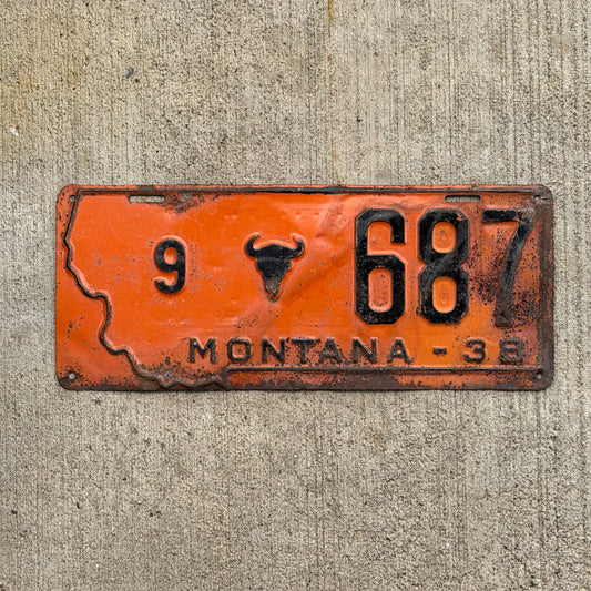 Photo of a 1938 Montana License Plate Auto Tag Garage Decor Vintage State Shape Powder River County 9 687 with original patina