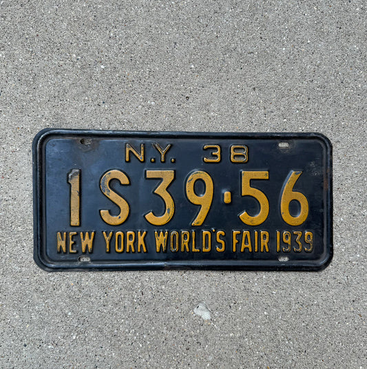 Photo of a 1938 New York License Plate Auto Tag Garage Decor Vintage World's Fair 1S 39 56 with original patina