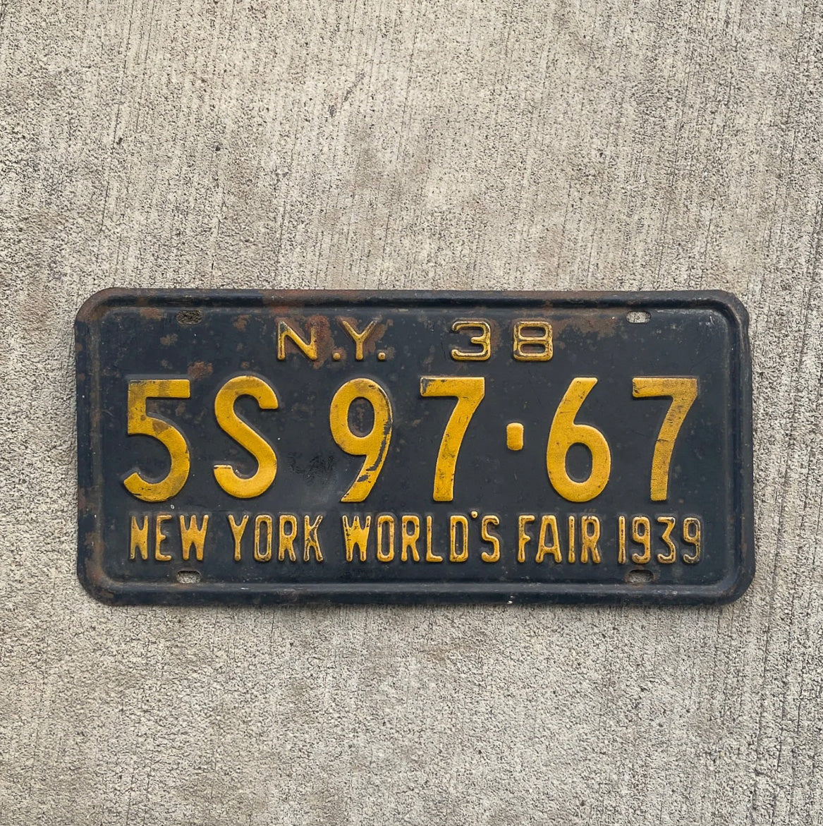 Photo of a 1938 New York License Plate Auto Tag Garage Decor Vintage World's Fair 5S 97 67 with original patina