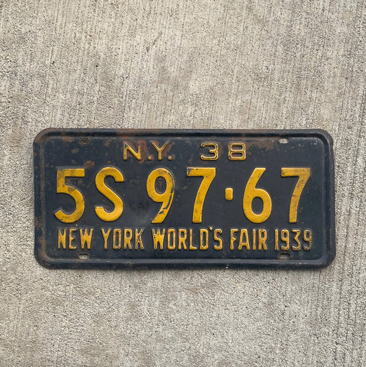 Photo of a 1938 New York License Plate Auto Tag Garage Decor Vintage World's Fair 5S 97 67 with original patina