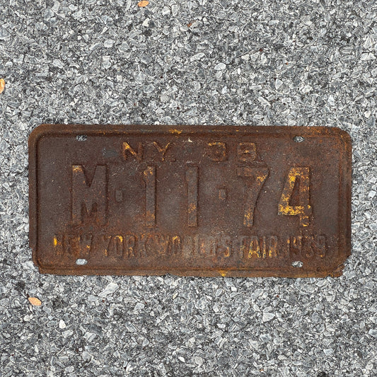 Photo of a 1938 New York License Plate Auto Tag Garage Decor Vintage World's Fair M 11 74