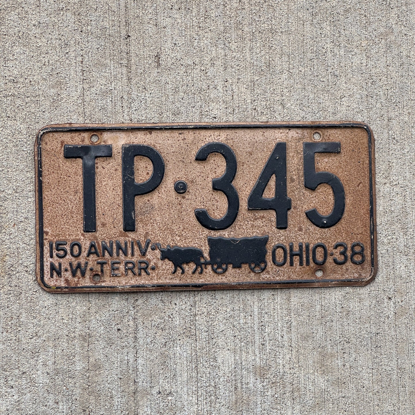 Photo of a 1938 Ohio License Plate Auto Tag Garage Decor Vintage Iconic Wagon TP 345