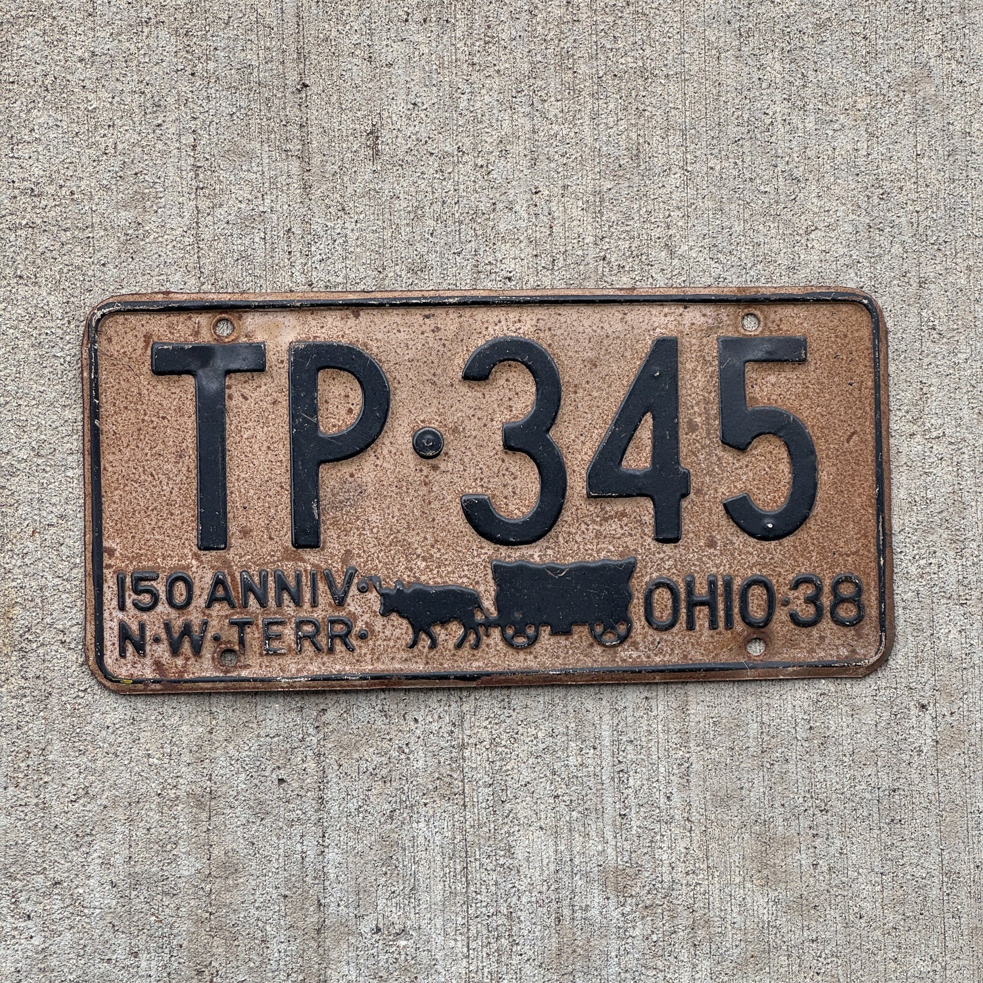 Photo of a 1938 Ohio License Plate Auto Tag Garage Decor Vintage Iconic Wagon TP 345