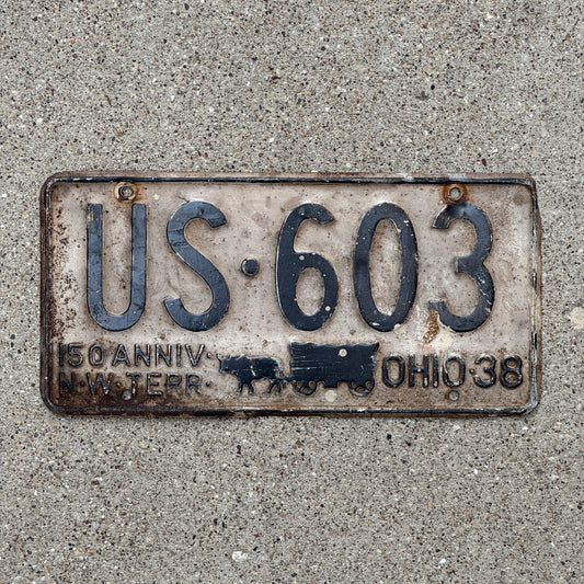 Photo of a 1938 Ohio License Plate Auto Tag Garage Decor Vintage Iconic Wagon US 603 with original patina