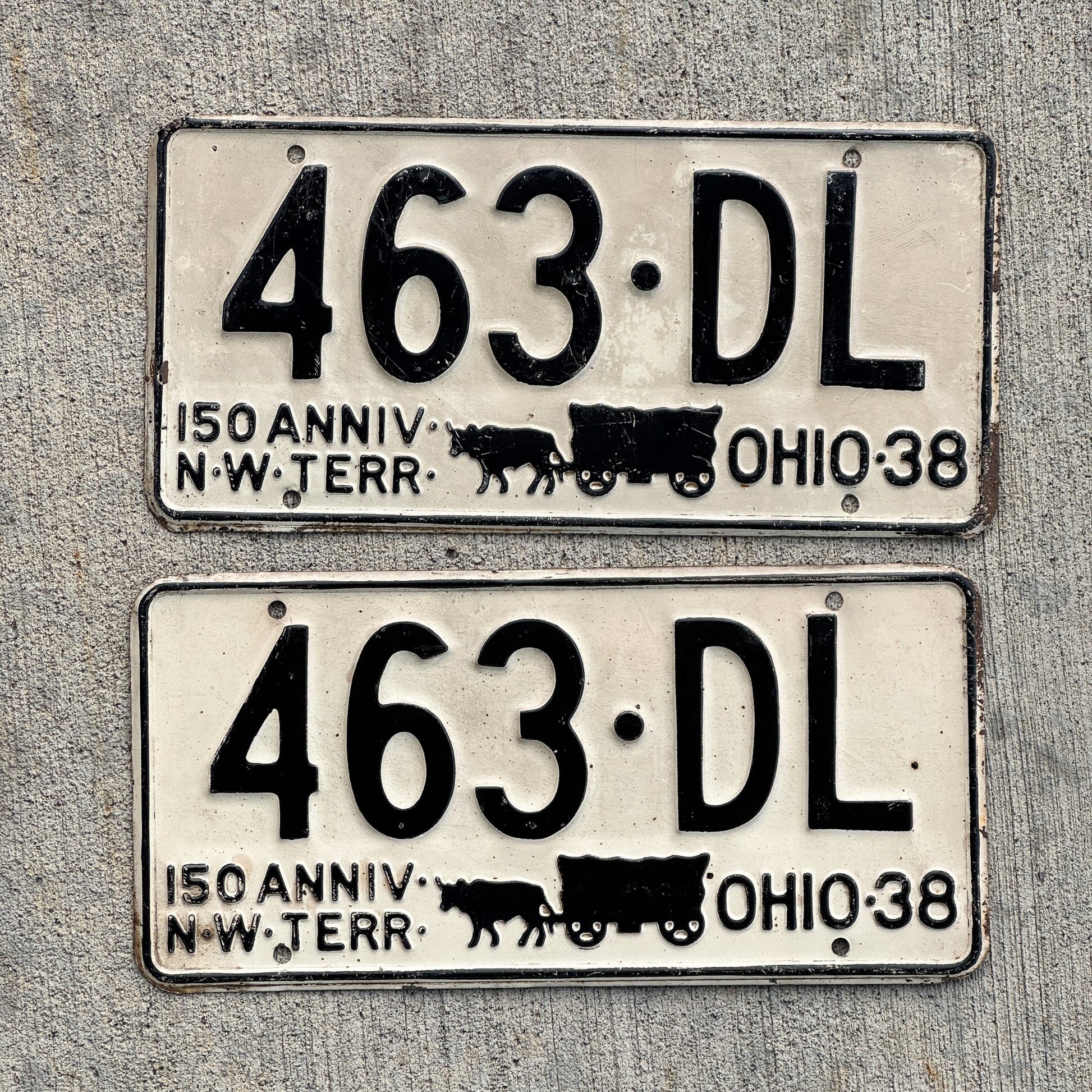 Photo of a 1938 Ohio License Plate Pair Auto Tag Garage Decor Vintage 463 DL with original patina