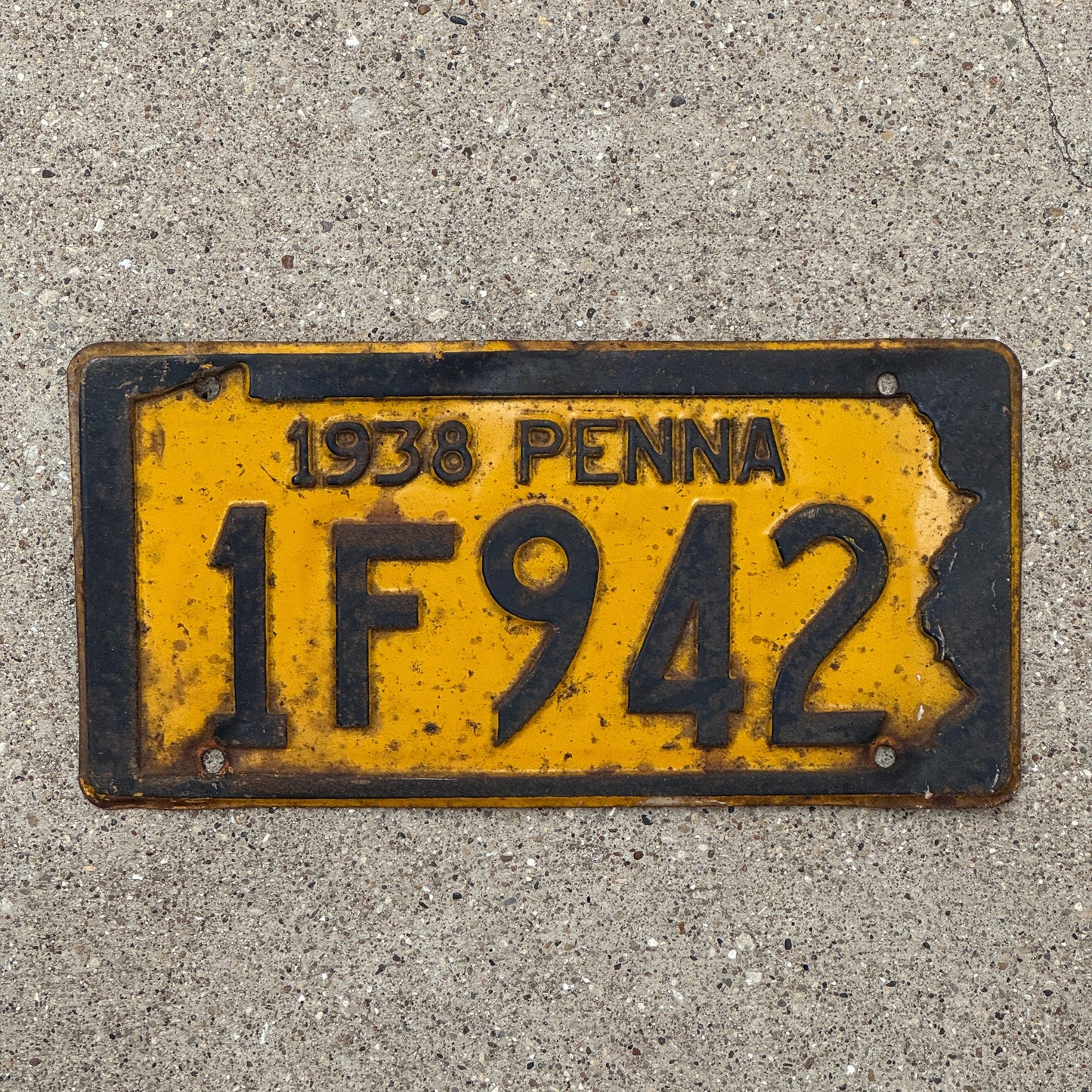 Photo of a 1938 Pennsylvania License Plate Auto Tag Garage Decor Vintage 1F 942 with original patina