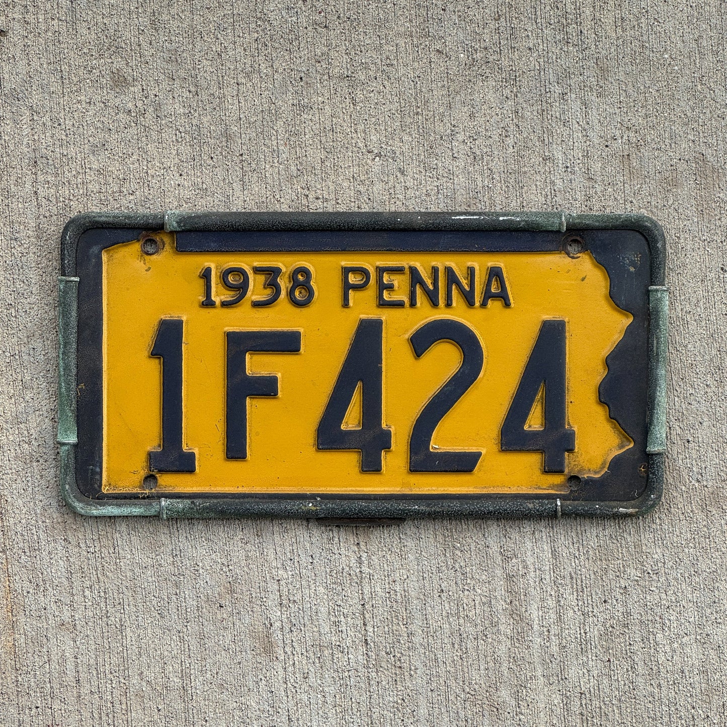 Photo of a 1938 Pennsylvania License Plate Auto Tag Garage Decor Vintage 1F424 with original patina