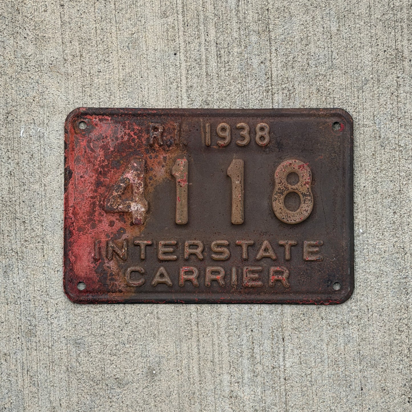 Photo of a 1938 Rhode Island Interstate Carrier License Plate Auto Tag Garage Decor Vintage 4118 with original patina