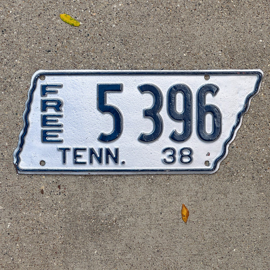 Photo of a 1938 Tennessee Free License Plate Auto Tag Garage Decor Vintage State Shape 5396