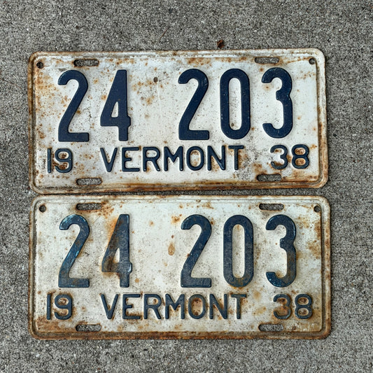 Photo of a 1938 Vermont License Plate Pair Auto Tag Garage Decor Vintage 24 203 with original patina
