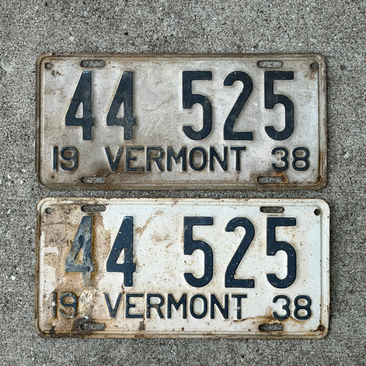 Photo of a 1938 Vermont License Plate Pair Auto Tag Garage Decor Vintage 44 525 with original patina