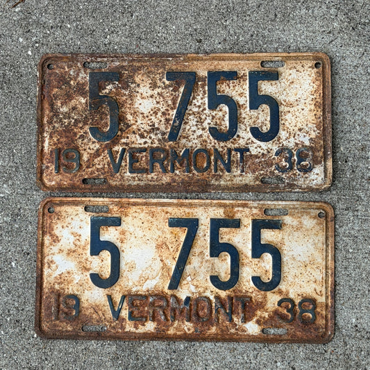 Photo of a 1938 Vermont License Plate Pair Auto Tag Garage Decor Vintage Low Number Four Digit 5 755 with original patina