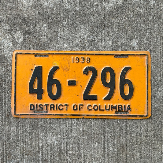 Photo of a 1938 Washington DC License Plate Auto Tag Garage Decor Vintage 46 296 with original patina