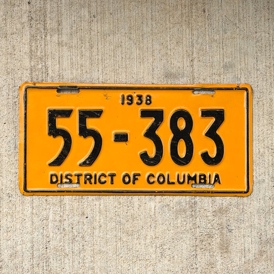 Photo of a 1938 Washington DC License Plate Auto Tag Garage Decor Vintage 55 383 with original patina