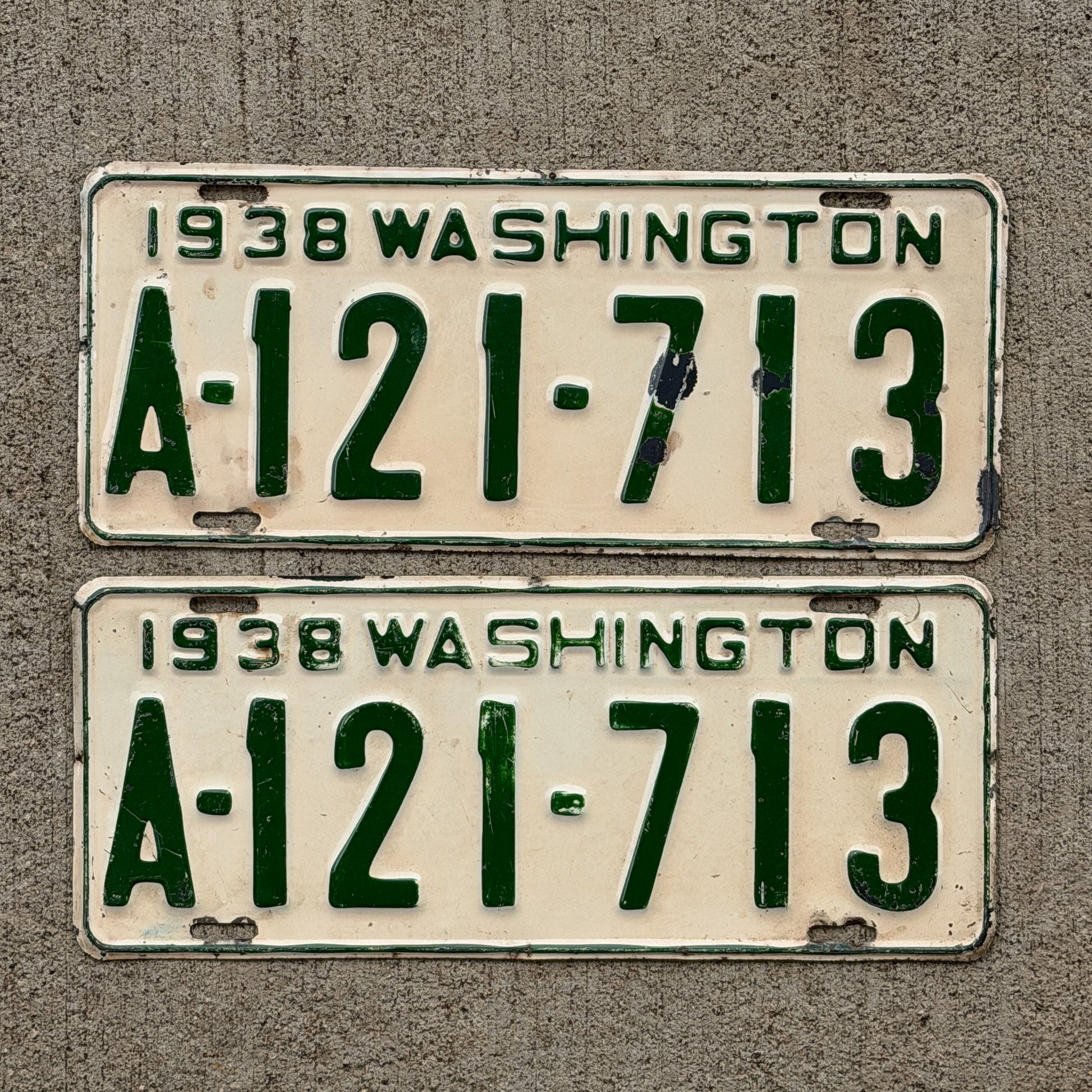 Photo of a 1938 Washington License Plate Pair Auto Tag Garage Decor Vintage A 121 713 with original patina