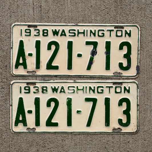 Photo of a 1938 Washington License Plate Pair Auto Tag Garage Decor Vintage A 121 713 with original patina
