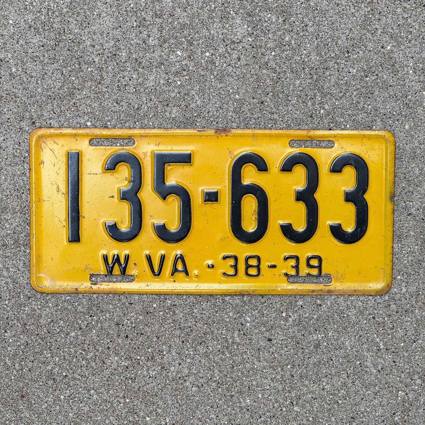Photo of a 1938 West Virginia License Plate Auto Tag Garage Decor Vintage 135 633 with original patina