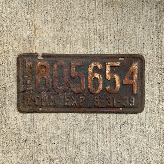 Photo of a 1939 1939 Michigan Commercial License Plate Auto Tag Garage Decor Vintage Half Year 805 654 with original patina