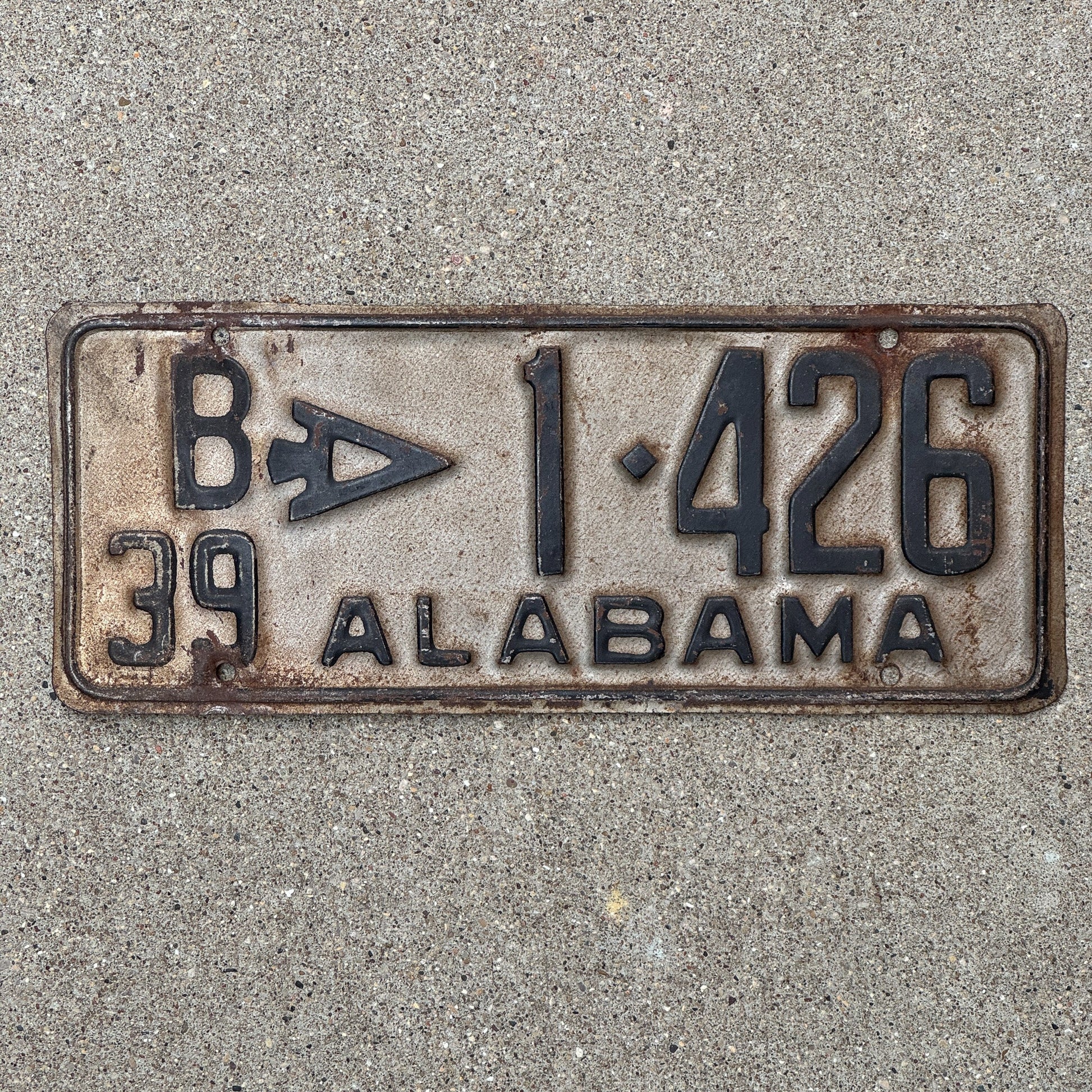 Photo of a 1939 Alabama License Plate Auto Tag Garage Decor Vintage B 1 426 with original patina
