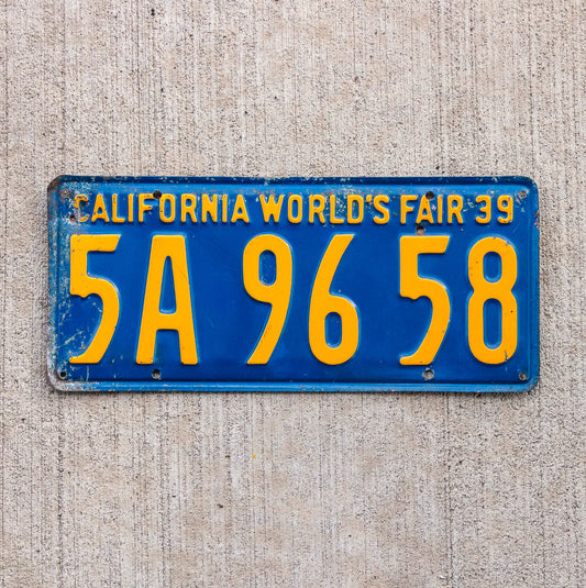 Photo of a 1939 California License Plate Auto Tag Garage Decor Vintage World's Fair 5A 96 58 with original patina