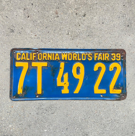 Photo of a 1939 California License Plate Auto Tag Garage Decor Vintage World's Fair 7T 4922 with original patina